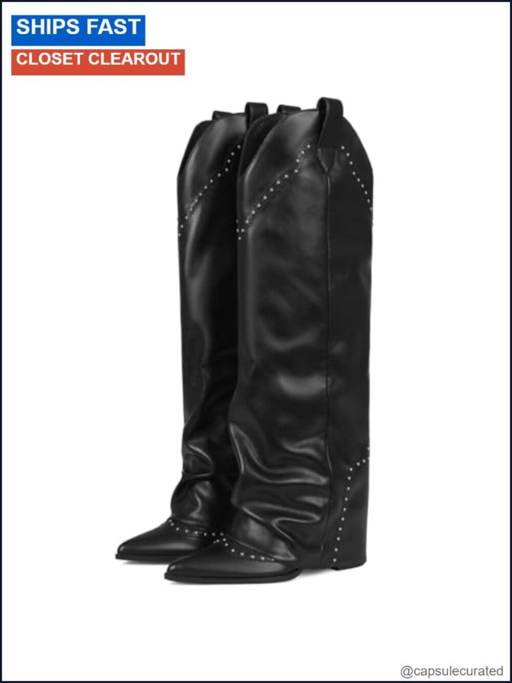 Women's Knee High Cowgirl Boots Fold Over Chunky Heel Snip Toe Vegan Leather
